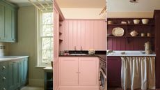 Three colorful laundry rooms in green, pink and burgundy