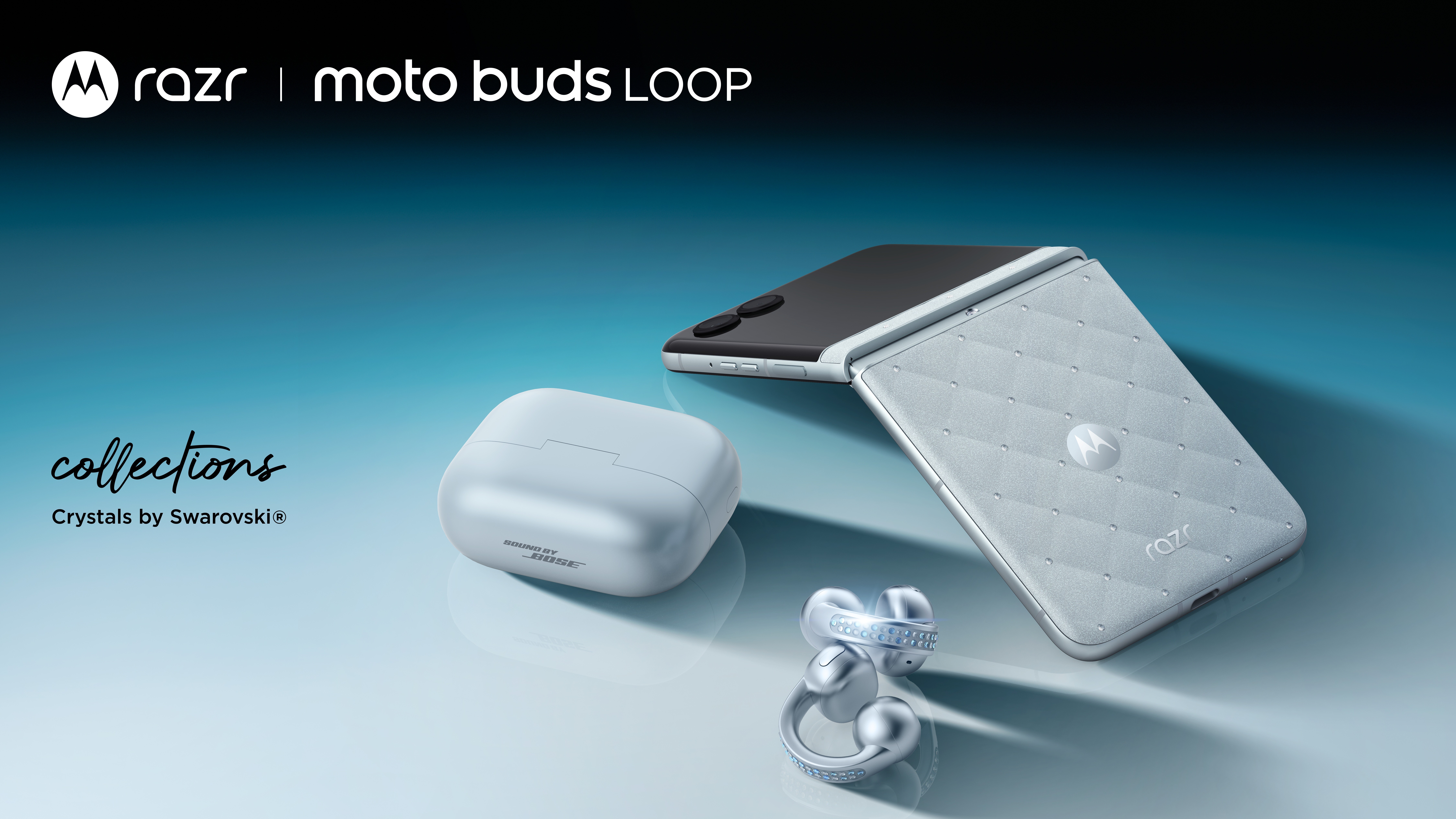 The Motorola Brilliant Collection with Swarovski crystals for the Razr 2025 and Buds Loop.