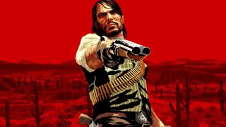 John Martson pointe un fusil de chasse à l'écran de Keyart pour Red Dead Redemption