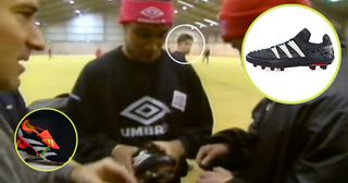 Craig Johnson, Paul Ince and Bryan Robson look at one of the first ever versions of an Adidas Predator in 1994 as what looks like a young David Beckham looks on