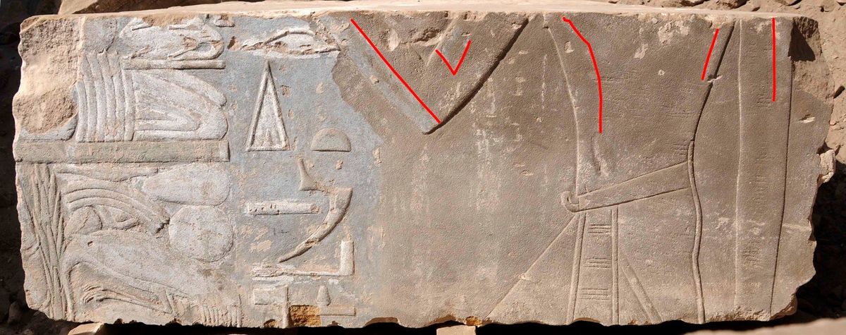 A stone block found on Egypt&#039;s Elephantine Island shows Queen Hatshepsut as a female (highlighted by red lines).