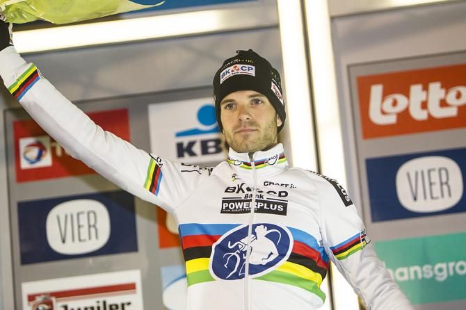 Niels Albert (BKCP-Powerplus) after winning a muddy 'cross in Diegem