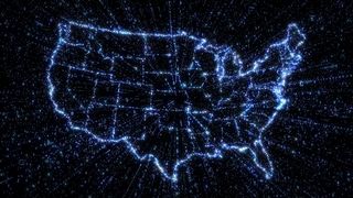 A digital map of the US on a black background