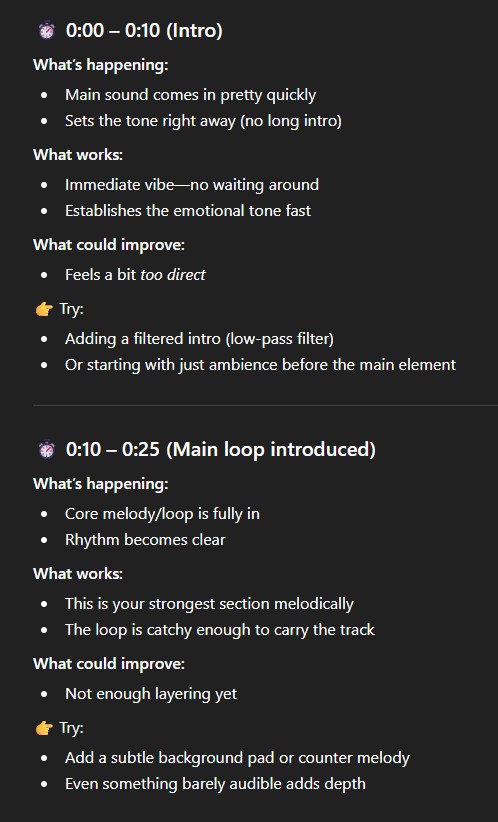 ChatGPT conversation showing in-depth music critique of a 37-second video of fart sounds.