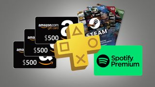 deals image: Amazon gift card, Spotify premium logo, PS Plus logo, steam gift card on grey background