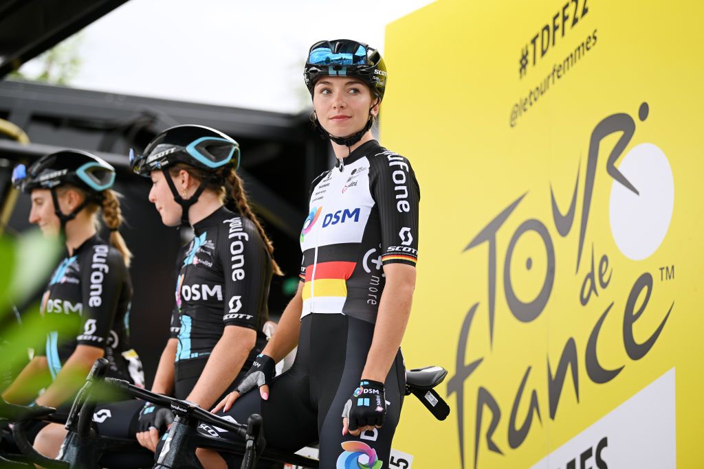 PROVINS FRANCE JULY 25 Liane Lippert of Germany and Team DSM Women during the team presentation prior to the 1st Tour de France Femmes 2022 Stage 2 a 1364km stage from Meaux to Provins TDFF UCIWWT on July 25 2022 in Provins France Photo by Dario BelingheriGetty Images