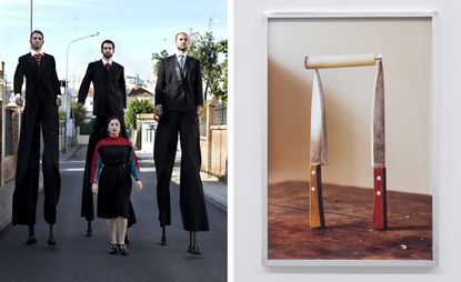 Left: three men on stilts and wearing black suits walk behind a woman wearing a black, blue and red dress. Right: two knives balancing a candle between them