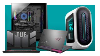 Some gaming laptops and PCs scattered on a blue background