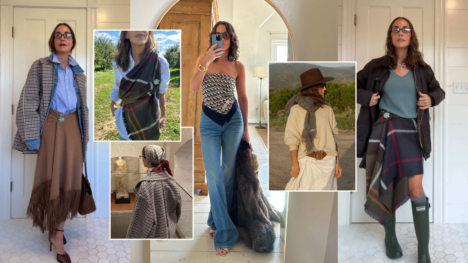a collage of Larissa Mills wearing scarves in different outfits