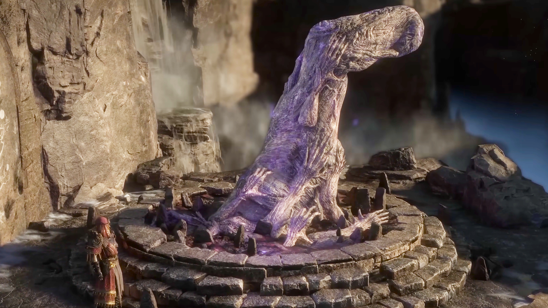 A screencap of the Grinding Gear Games Path of Exile Keepers of the Flame reveal video. A tree with no limbs covered in arms with sharp fingers stands tall next to a robed figure.