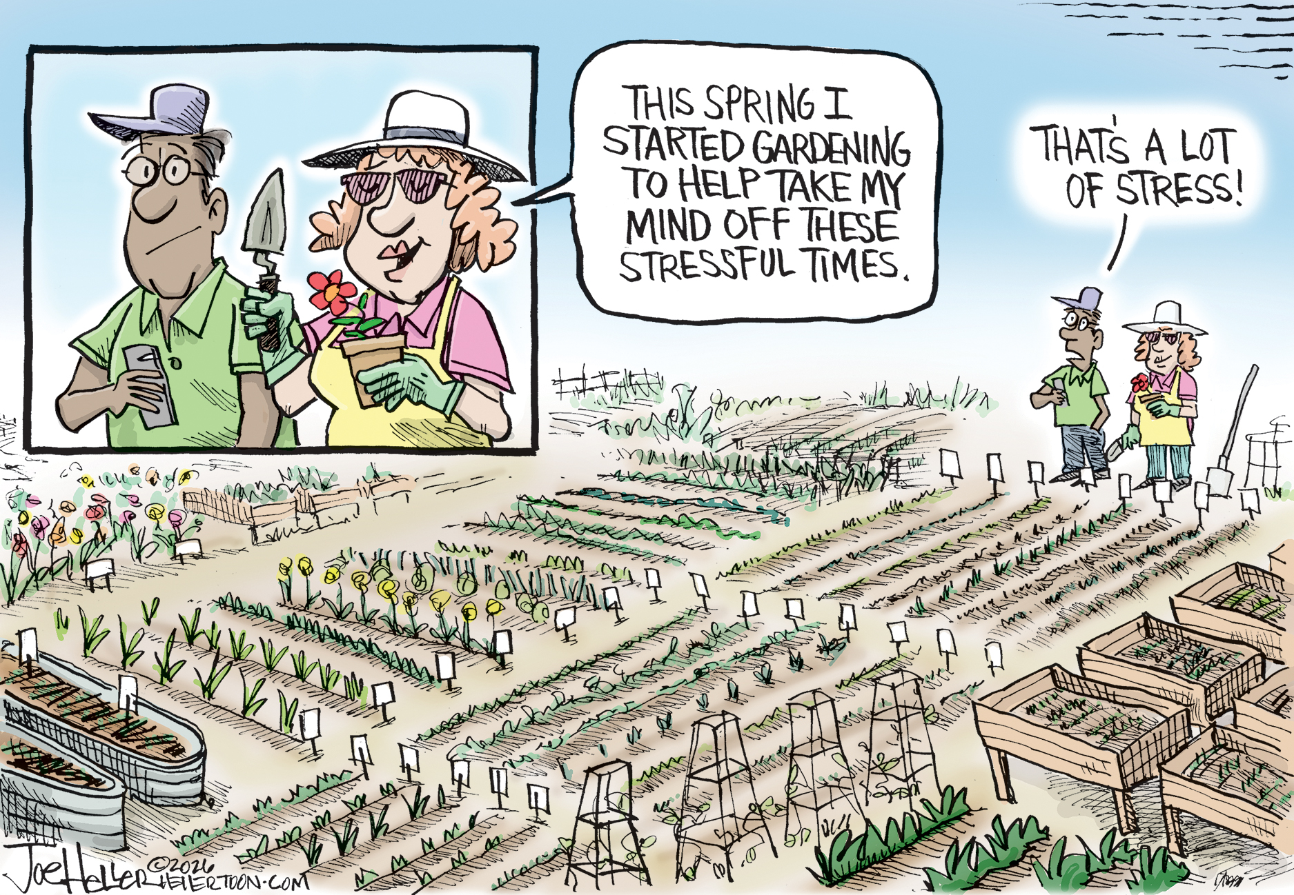 The top left of this image shows a woman in gardening attire speaking to a man. She says, &amp;ldquo;This spring I started gardening to help take my mind off these stressful times.&amp;rdquo; The rest of the image shows a giant, beautifully manicured garden featuring signs, flowerbeds, and carefully designed plantings. The man says, &amp;lsquo;That&amp;rsquo;s a lot of stress!&amp;rdquo;