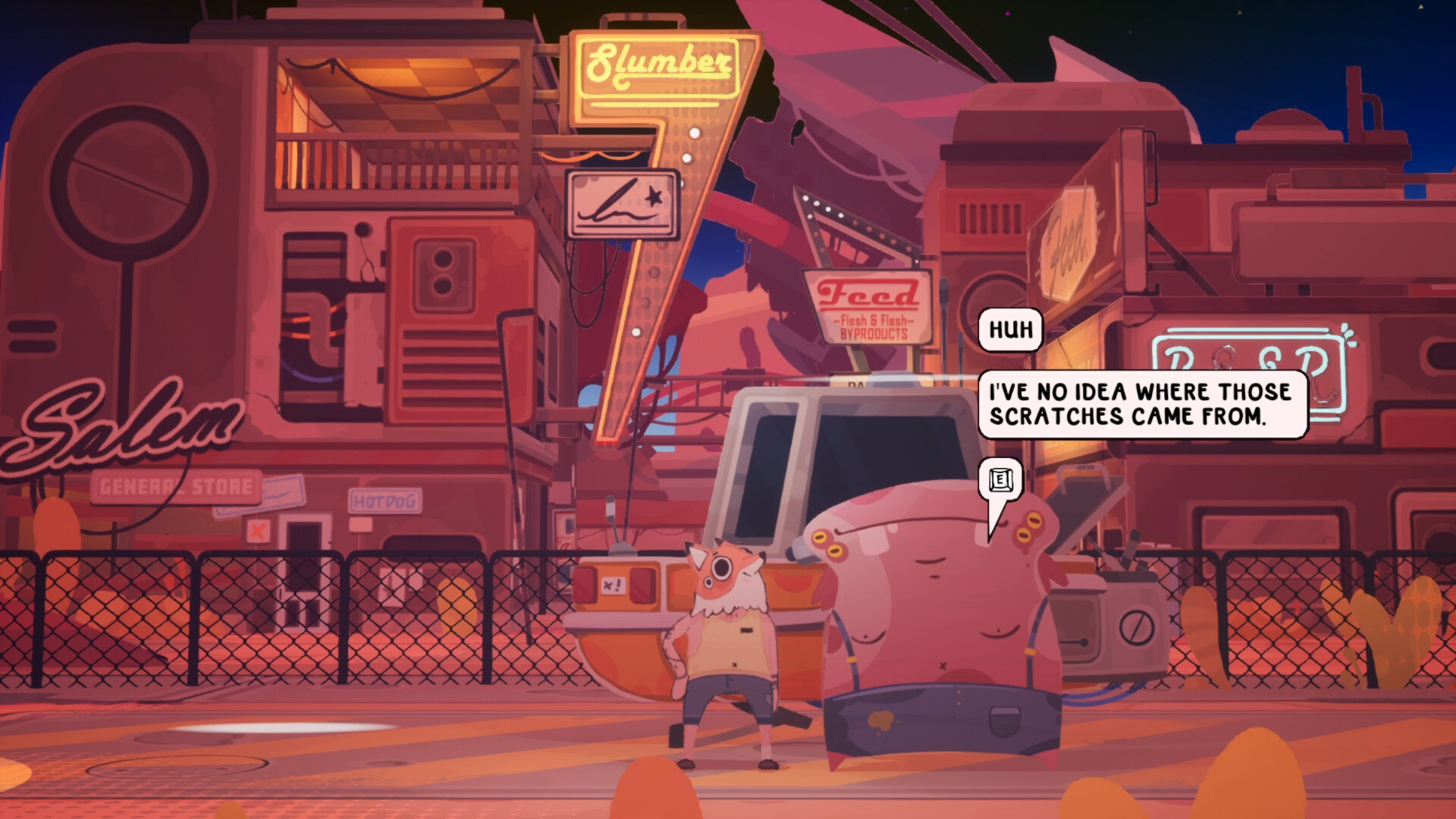 The fox-headed mechanic speaks to a large pink alien with speech bubbles above his head, one which says 