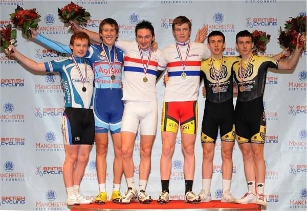 Podium for Junior Men's Madison with Chris Whorall &amp; Jon Mould (2nd), George Atkins &amp; Dan McLay (1st) and Adam &amp; Simon Yate