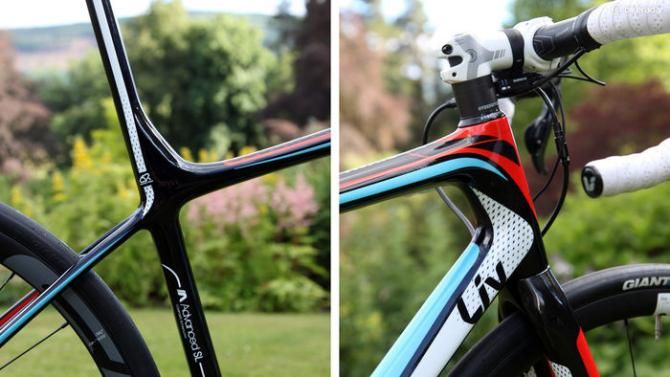 The seat cluster of the Liv Avail Advanced SL gets very different shaping from the Giant Defy Advanced SL but the front end uses the same OverDrive 2 1 1/4-to-1 1/2in tapered steerer