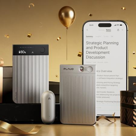 Plaud AI Note taking devices positioned next to a phone in front of a gold background