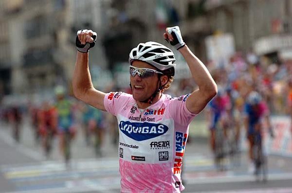 Danilo Di Luca (Liquigas) celebrates as he crosses the line.