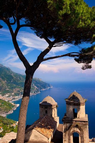 View of the Amalfi Coast from Villa Rufolo in the hilltop town of Ravello in Campania Italy.