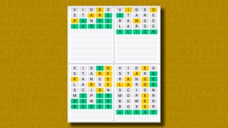 Quordle Daily Sequence answers for game 1117 on a yellow background