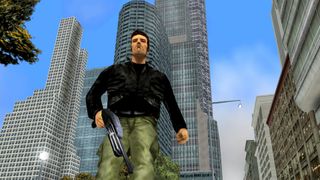 GTA 3 protagonist Claude walks through Liberty City with a shotgun in hand