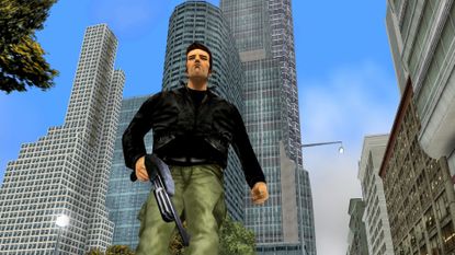 GTA 3 protagonist Claude walks through Liberty City with a shotgun in hand