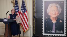 A stamp honoring former first lady Barbara Bush is unveiled at the White House on May 8, 2025. 