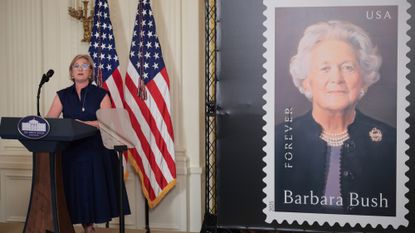 A stamp honoring former first lady Barbara Bush is unveiled at the White House on May 8, 2025. 