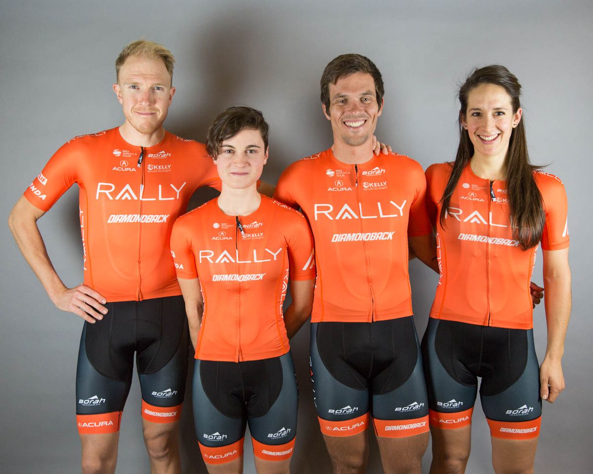 Rob Britton, Heidi Franz, Evan Huffman, and Sara Bergen wear the 2018 Rally kit