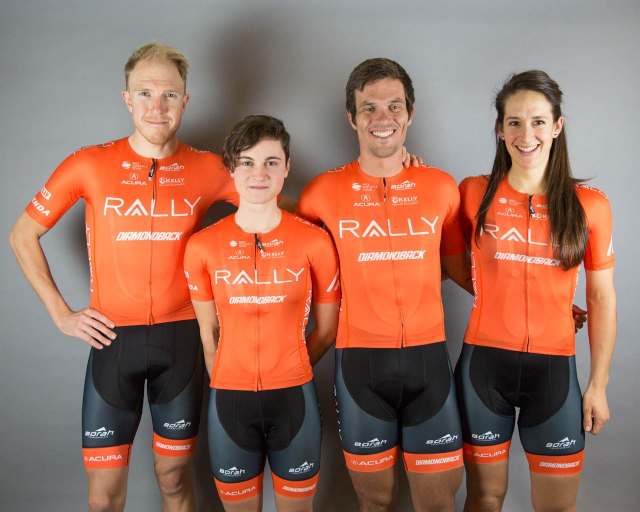 Rob Britton, Heidi Franz, Evan Huffman, and Sara Bergen wear the 2018 Rally kit