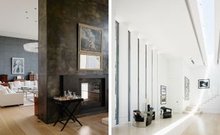 Pictured left: the fireplace in the main room. Right: 16ft windows and a skylight create drama and natural light