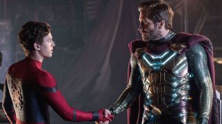 Tom Holland's Spider-Man and Jake Gyllenhaal's Mysterio shaking hands in Spider-Man: Far From Home