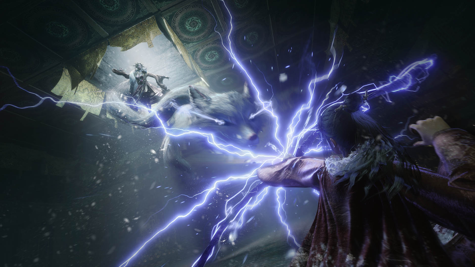 Lightning crackles as the player fights a large fox in Wuchang: Fallen Feathers