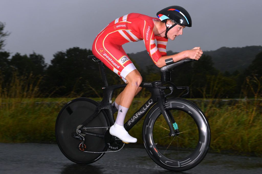 Denmark&#039;s Mathias Norsgaard competes in the under-23 individual time trial at the 2019 UCI Road World Championships