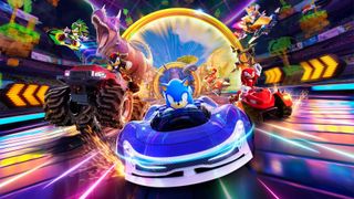 Sonic Racing CrossWorlds promotional showing Sonic in his kart racing against some rivals