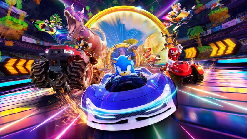 Sonic Racing CrossWorlds promotional showing Sonic in his kart racing against some rivals