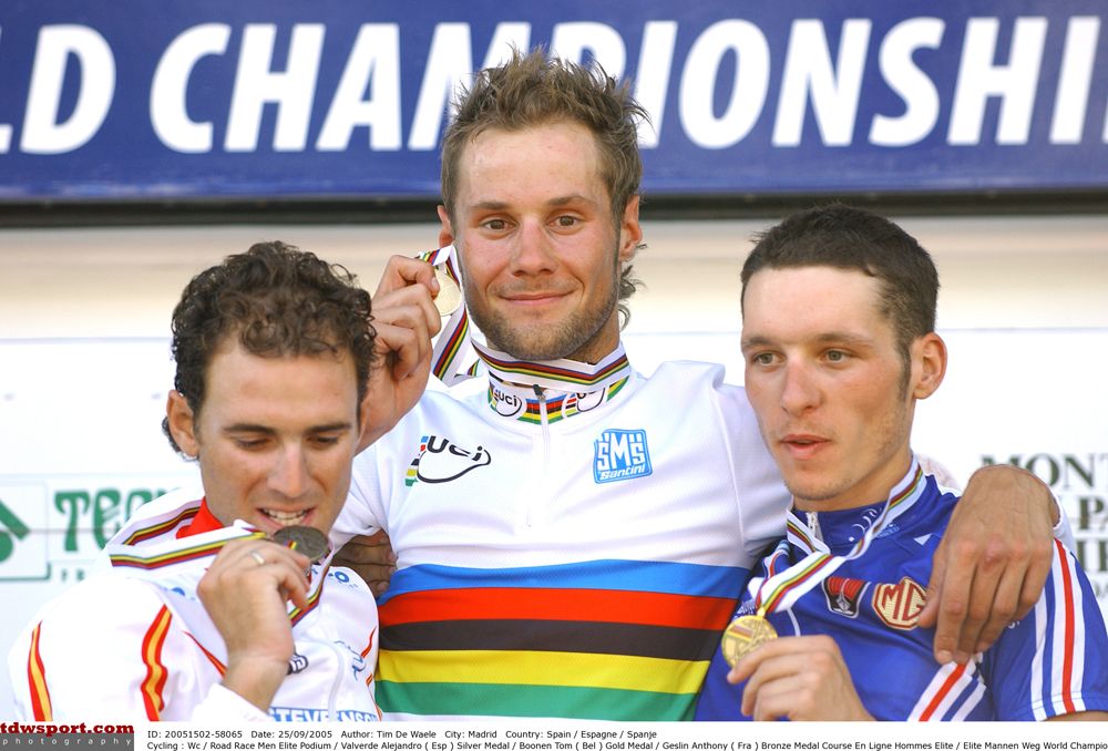 The 2005 Men's World Championship road race podium
