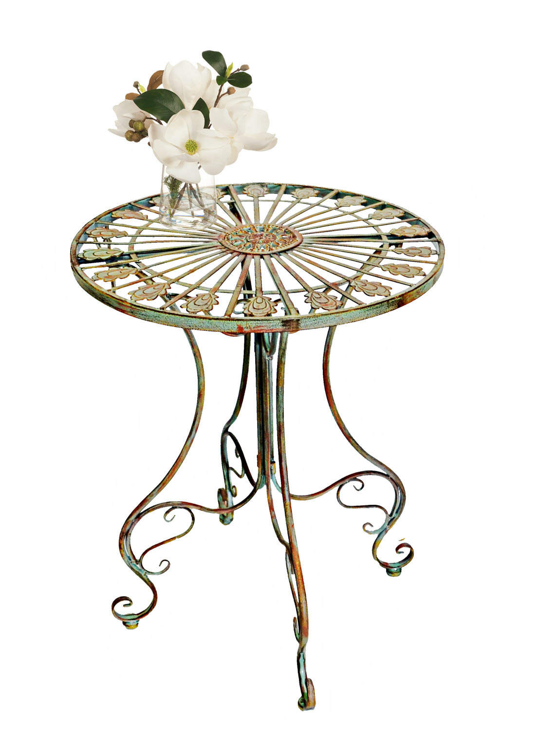 Culbreath Verdigris Green Metal Bistro Table With Curved Legs Scrolling Heart & Peacock Tail Motif