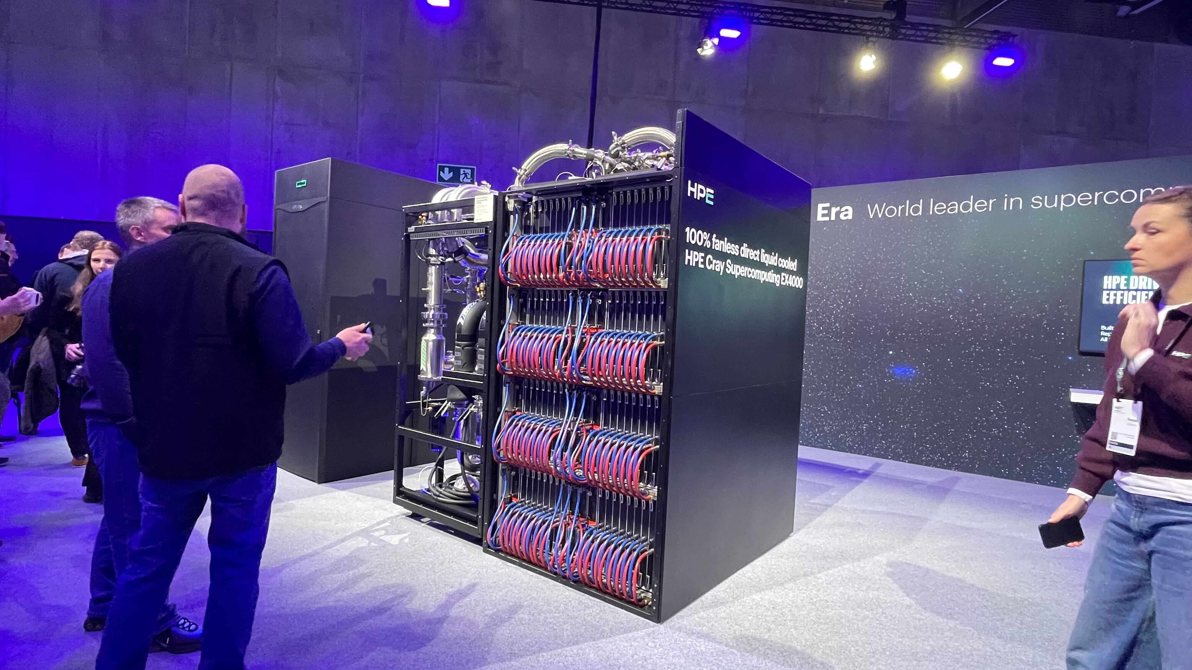 HPE supercomputer with networking and liquid cooling components exposed