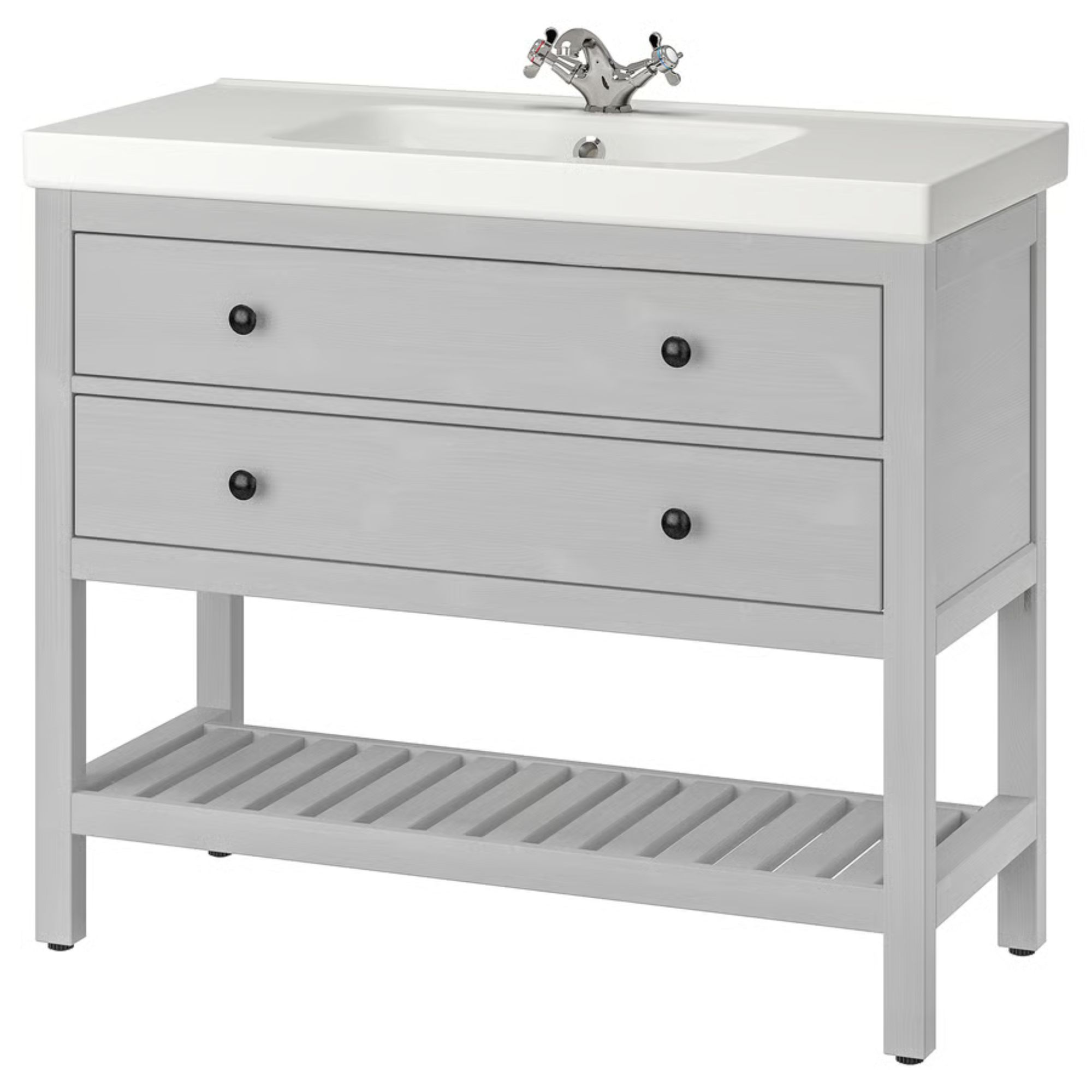 A gray bathroom vanity with a white countertop from IKEA