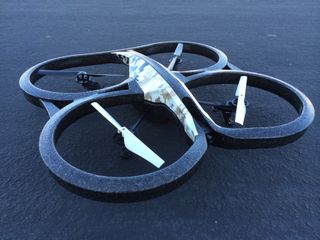 The AR.Drone 2.0 has a second hull that has foam guard rings to protect the drone’s rotors during indoor flight, where the risk of crashing is higher. Total diameter is 24 inches with the guard rings.