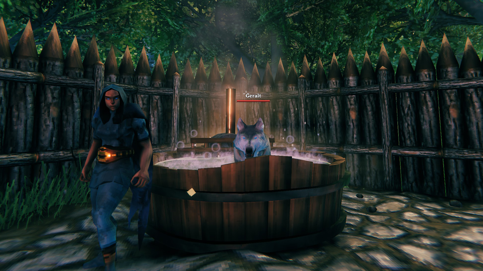 A wolf named 'Geralt' is hanging out in the Valheim hot tub.