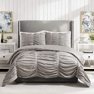 Modern Heirloom Emily Texture (light Gray) 3-Piece Comforter Set, Ruched All Seasons Bedding, Machine Washable - Full Queen Size