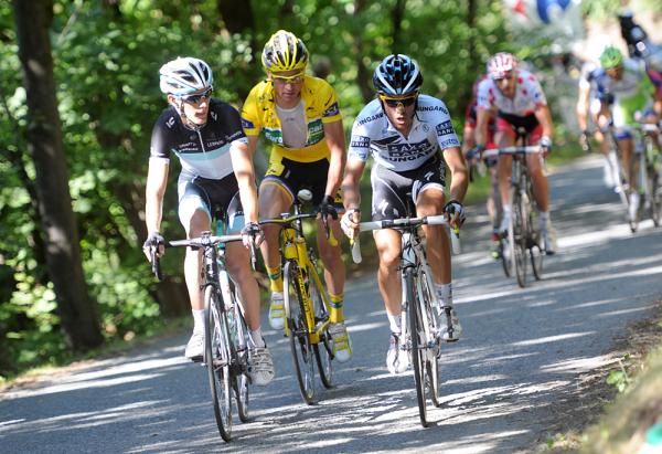 Andy Schleck keeps an eye on Alberto Contador