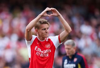 Martin Odegaard of Arsenal acknowledges fans after the Premier League match between Arsenal FC and Wolverhampton Wanderers at Emirates Stadium on May 28, 2023 in London, England. (Photo by Catherine Ivill/Getty Images)