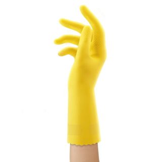 A hand with a yellow rubber glove on