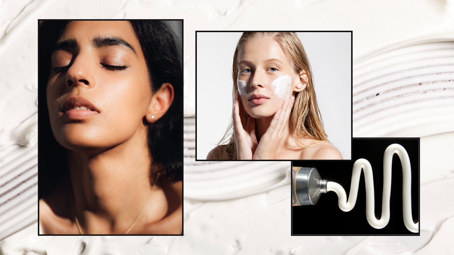 two women on a white cream background with the top of a silver tube dispensing zinc oxide cream