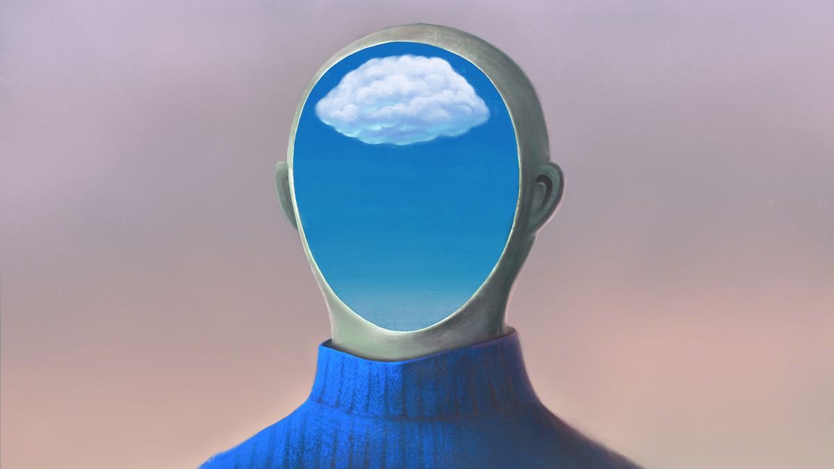 An illustration of a person with their mind represented by a blue sky with clouds