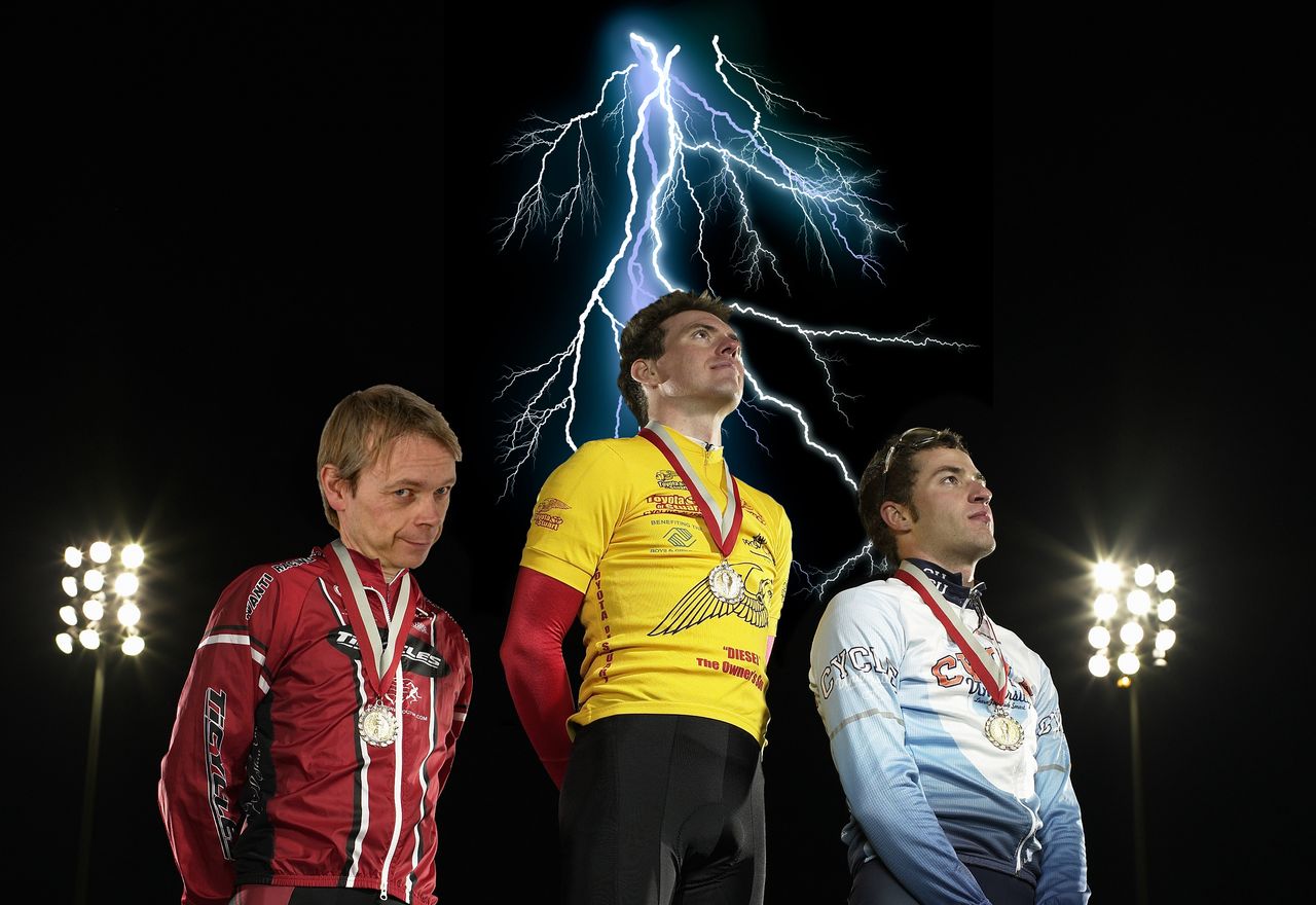 Image of cyclists on the podium with lightning strike in background