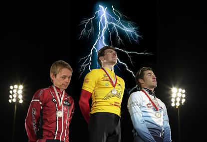 Image of cyclists on the podium with lightning strike in background