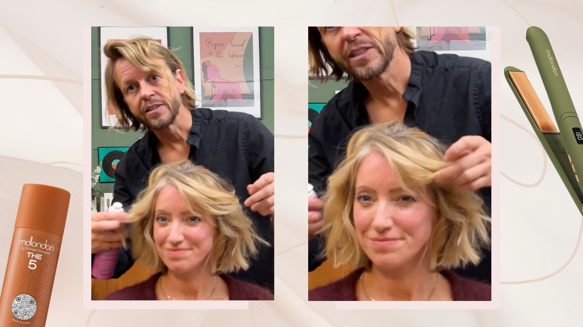Hair stylist michael douglas showing how to curl a bob demonstrating on lifestyle editor Tamara Kelly who has a short blonde bob