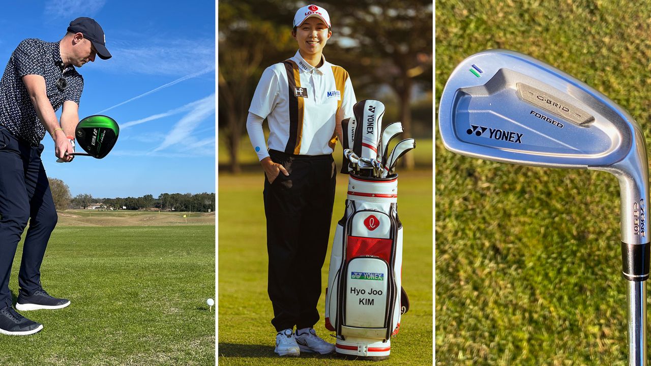 A golfer hits a Yonex driver, Kim stands next to a golf bag and a Yonex golf iron